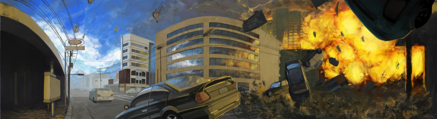 building burning burning_building car commentary_request copyright_request debris explosion fire highres lamppost motor_vehicle no_humans outdoors photoshop_(medium) scenery sign toro3