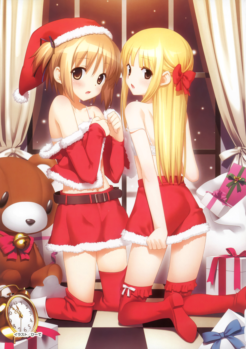 2girls absurdres bare_shoulders blonde_hair boots bow bra brown_eyes brown_hair christmas clock crossover gift hairbow highres hiide kneeling lingerie long_hair looking_at_viewer multiple_girls nekomiya_nono open_mouth red_legwear ribbon sakura_sakura santa_costume short_hair strap_slip stuffed_animal stuffed_toy teddy_bear thigh_boots thighhighs two_side_up underwear white_bra yoshioka_nanoha yotsunoha