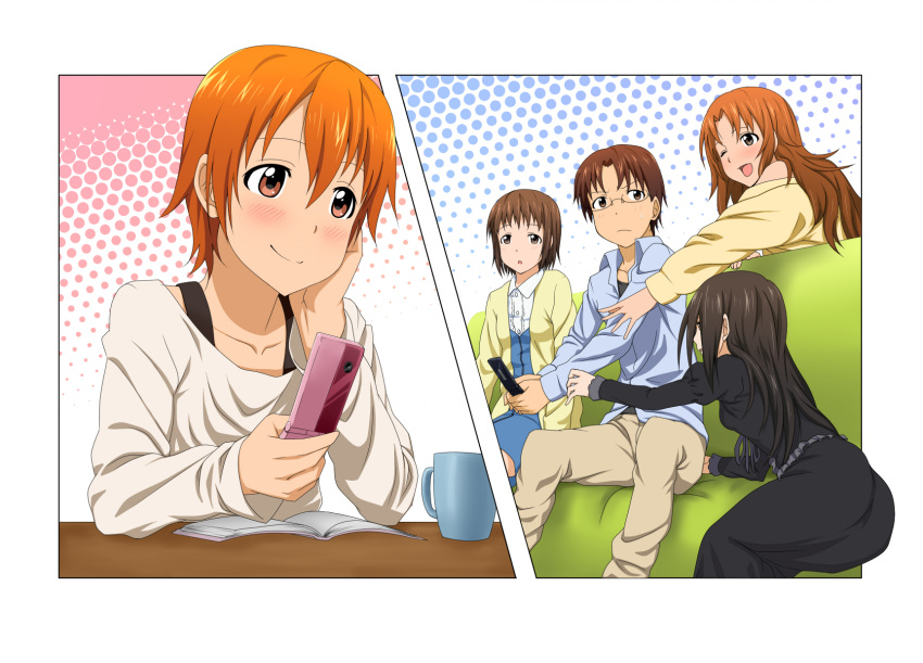 1boy 4girls brother_and_sister cellphone commentary_request couch highres inami_mahiru iyakun multiple_girls phone siblings sisters takanashi_izumi takanashi_kozue takanashi_nazuna takanashi_souta working!!