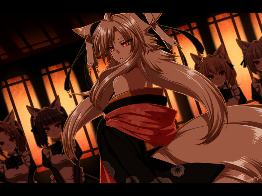 5girls animal_ears bare_shoulders blunt_bangs commentary_request ear_ornament fox_ears fox_tail japanese_clothes kanakage_(konshin) kimono konshin long_hair looking_at_viewer looking_back maid maid_headdress multiple_girls multiple_tails off_shoulder open_mouth original parted_lips pixiv_kitsune_koku red_eyes smile tail white_hair