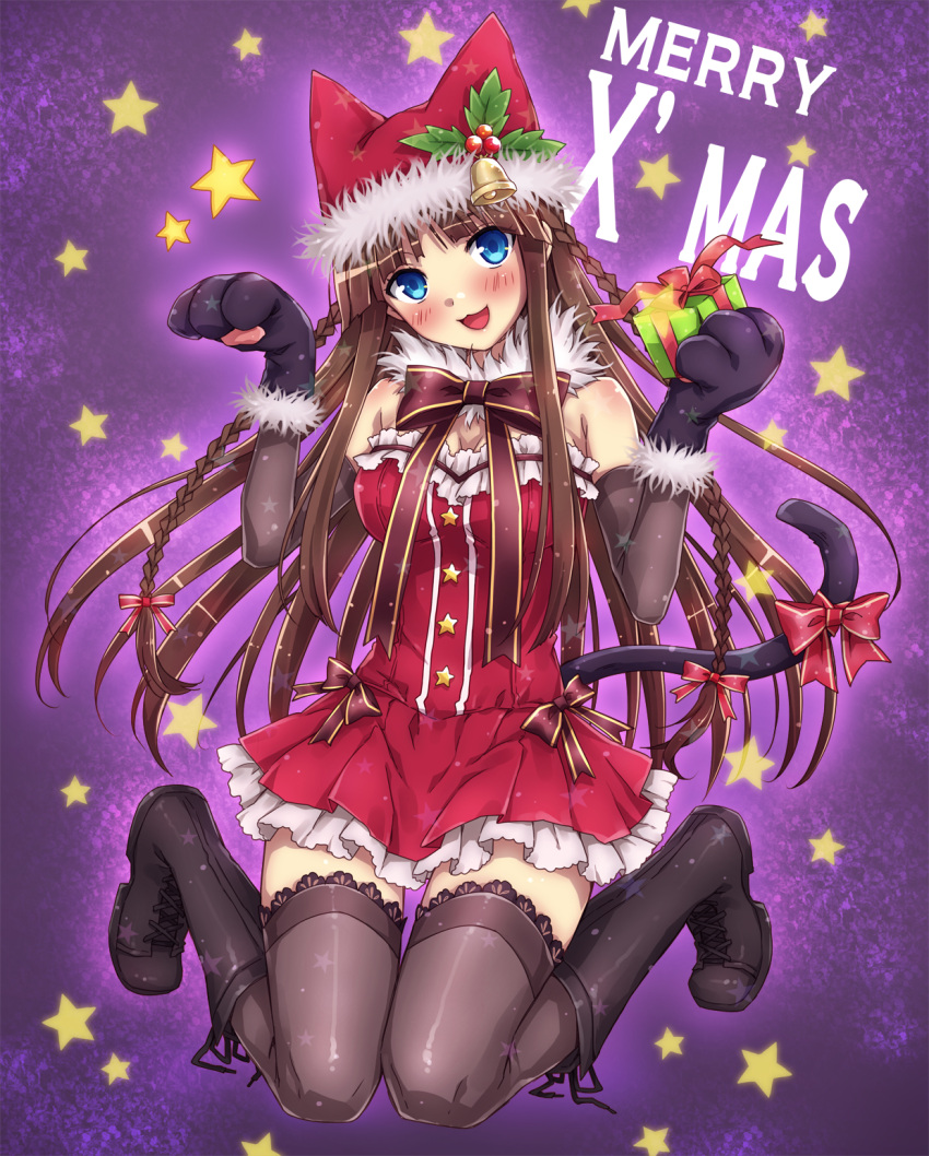 :3 animal_ears animal_hands bad_id bad_pixiv_id bare_shoulders bell black_legwear blue_eyes blush boots bow braid breasts brown_hair cat_ears cat_paws cat_tail christmas cleavage cross-laced_footwear dress female hairbow hat head_tilt highres knee_boots kneeling lace lace-trimmed_legwear lace_trim long_hair looking_at_viewer medium_breasts natsu_natsuna original santa_costume short_dress smile star_(symbol) tail thighhighs