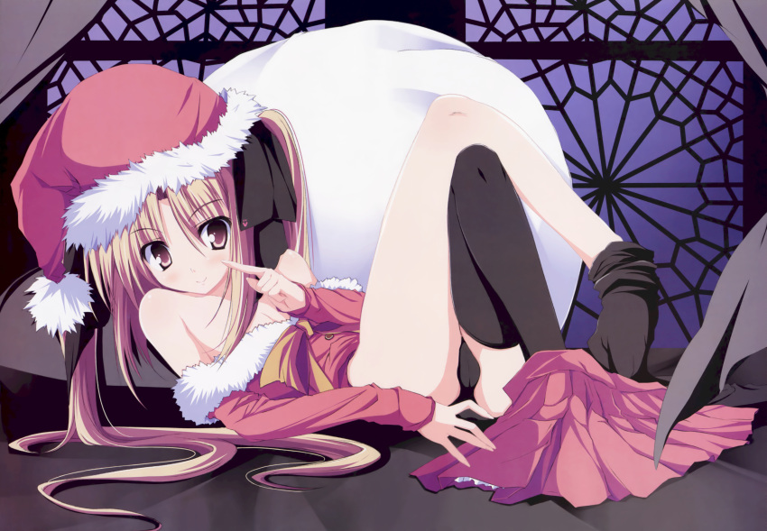 absurdres bare_shoulders black_legwear black_panties blonde_hair breasts brown_eyes cameltoe christmas cleavage female hat highres hiiragi_nazuna long_hair panties pink_hair ribbon santa_hat skirt smile solo thighhighs tsukinon tsukisome_no_kasa twintails underwear undressing