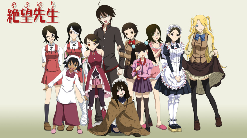 1boy 6+girls ahoge alternate_costume alternate_legwear ame_no_kisaki_academy_school_uniform animal_ears apron araragi_koyomi araragi_koyomi_(cosplay) bad_id bad_pixiv_id bakemonogatari bandage_over_one_eye bandages bare_shoulders black_hair black_neckwear black_pants black_pantyhose black_ribbon black_socks black_thighhighs blanket blonde_hair blue_bow blue_neckwear blunt_bangs blush boots bow bowtie braid breasts brown_footwear buttons cast cat_ears cellphone closed_mouth clothes_lift collar collared_shirt company_connection cosplay crutch dance_in_the_vampire_bund dark_skin dorm_leader dorm_leader_(cosplay) dress enmaided everyone frilled_collar frills fujiyoshi_harumi fuura_kafuka glasses gotou_yuuko hair_between_eyes hair_ornament hairclip hanaji_(song) hand_on_another's_shoulder hat head_scarf hidamari_sketch highres hiro_(hidamari_sketch) hiro_(hidamari_sketch)_(cosplay) hitou_nami holding holding_phone inoue_marina itoshiki_nozomu juliet_sleeves kamiya_hiroshi kimura_kaere kitsu_chiri kobayashi_yuu kobushi_abiru komori_kiri kouchou lineup long_hair long_sleeves looking_at_viewer mahou_shoujo_madoka_magica mahou_shoujo_madoka_magica_(anime) maid maid_apron maid_headdress maria_holic matsuki_miyu medium_breasts miniskirt miyamae_kanako miyamae_kanako_(cosplay) mob_cap monogatari_(series) multiple_girls naoetsu_high_school_uniform neck_ribbon nero_(dance_in_the_vampire_bund) nero_(dance_in_the_vampire_bund)_(cosplay) nonaka_ai open_mouth otonashi_meru own_hands_together pants pantyhose parody parted_bangs parted_hair partially_unbuttoned phone pink_footwear pink_shirt pink_shorts puffy_sleeves red_bow red_bowtie ribbon sae_(hidamari_sketch) sae_(hidamari_sketch)_(cosplay) saitou_chiwa sakura_kyoko sakura_kyoko_(cosplay) sakura_kyoko_(magical_girl) sanada_asami sawashiro_miyuki sayonara_zetsubou_sensei school_uniform sekiutsu_maria_tarou senjougahara_hitagi senjougahara_hitagi_(cosplay) shaft_(company) shidou_mariya shidou_mariya_(cosplay) shinouji_matsurika shinouji_matsurika_(cosplay) shintani_ryouko shirt shoes short_hair shorts simple_background skirt skirt_hold skirt_lift sleeveless sleeveless_dress slippers smile socks standing standing_on_one_leg swept_bangs tanii_asuka thighhighs tsunetsuki_matoi twin_braids twintails two_side_up voice_actor_connection white_headwear white_legwear white_shirt yoshinoya_(hidamari_sketch) yoshinoya_(hidamari_sketch)_(cosplay)