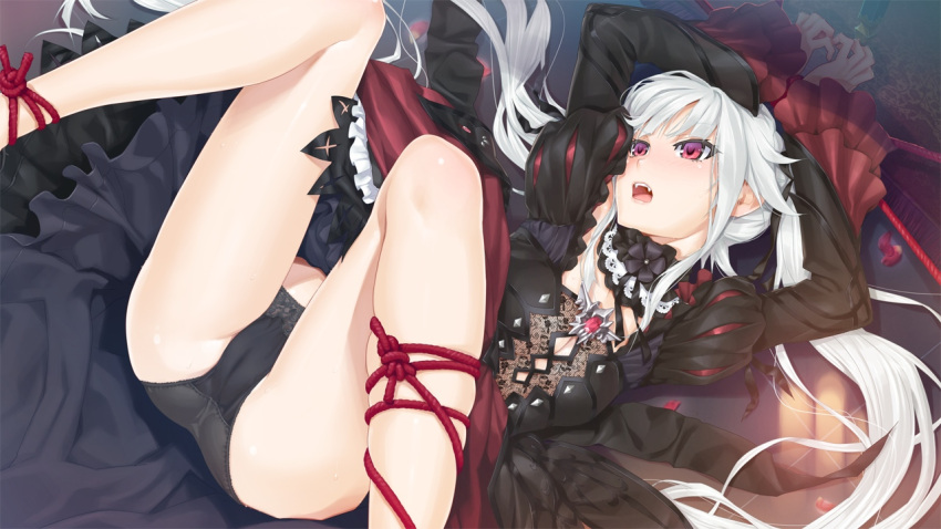 bishoujo_mangekyou black_panties bondage cameltoe dress fangs female gem happoubi_jin kagarino_kirie long_hair oshiri pantsu purple_eyes rope rug silver_hair vampire