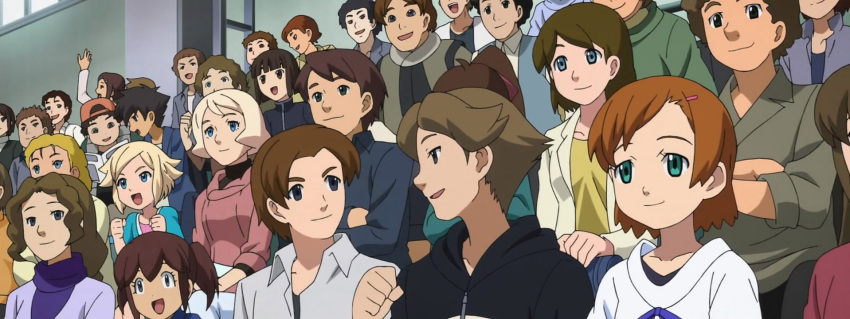 blonde_hair brown_hair crowd emily_armond event_participation females gundam_age hat long_hair males romary_stone screen_capture short_hair stadium_seating twintails unoa_armond