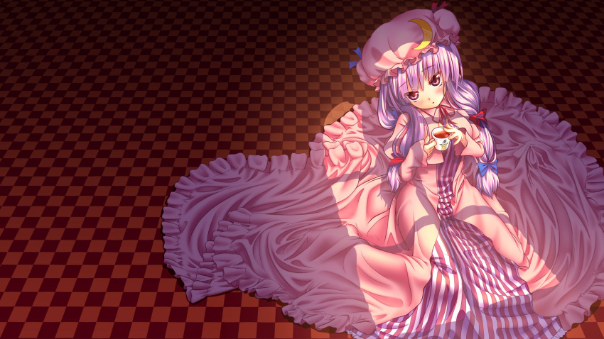 blush commentary_request cup dress female hat highres long_hair nazu-na patchouli_knowledge photoshop_(medium) purple_eyes purple_hair sitting solo tea teacup touhou very_long_hair