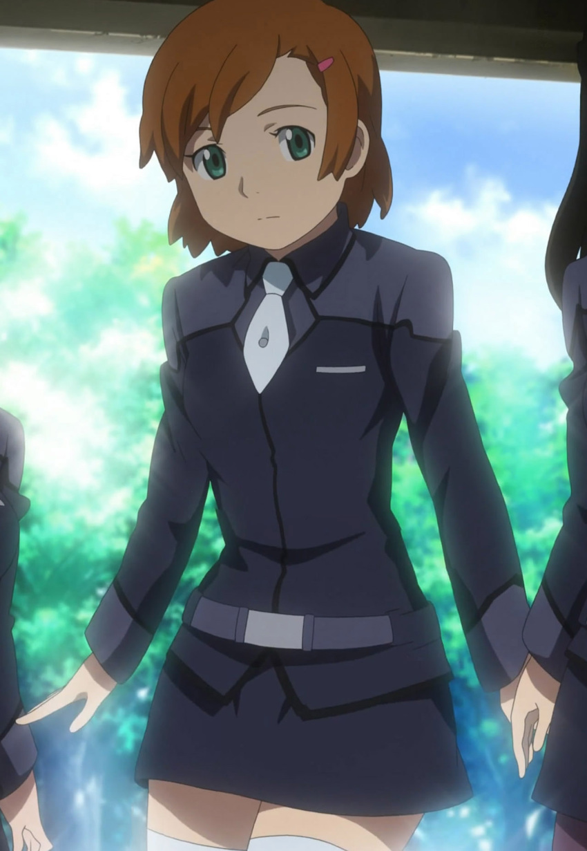 brown_hair exterior green_eyes gundam_age looking_at_viewer military_uniform romary_stone school_uniform screen_capture skirt small_hair_clip tie tie_tack zettai_ryouiki