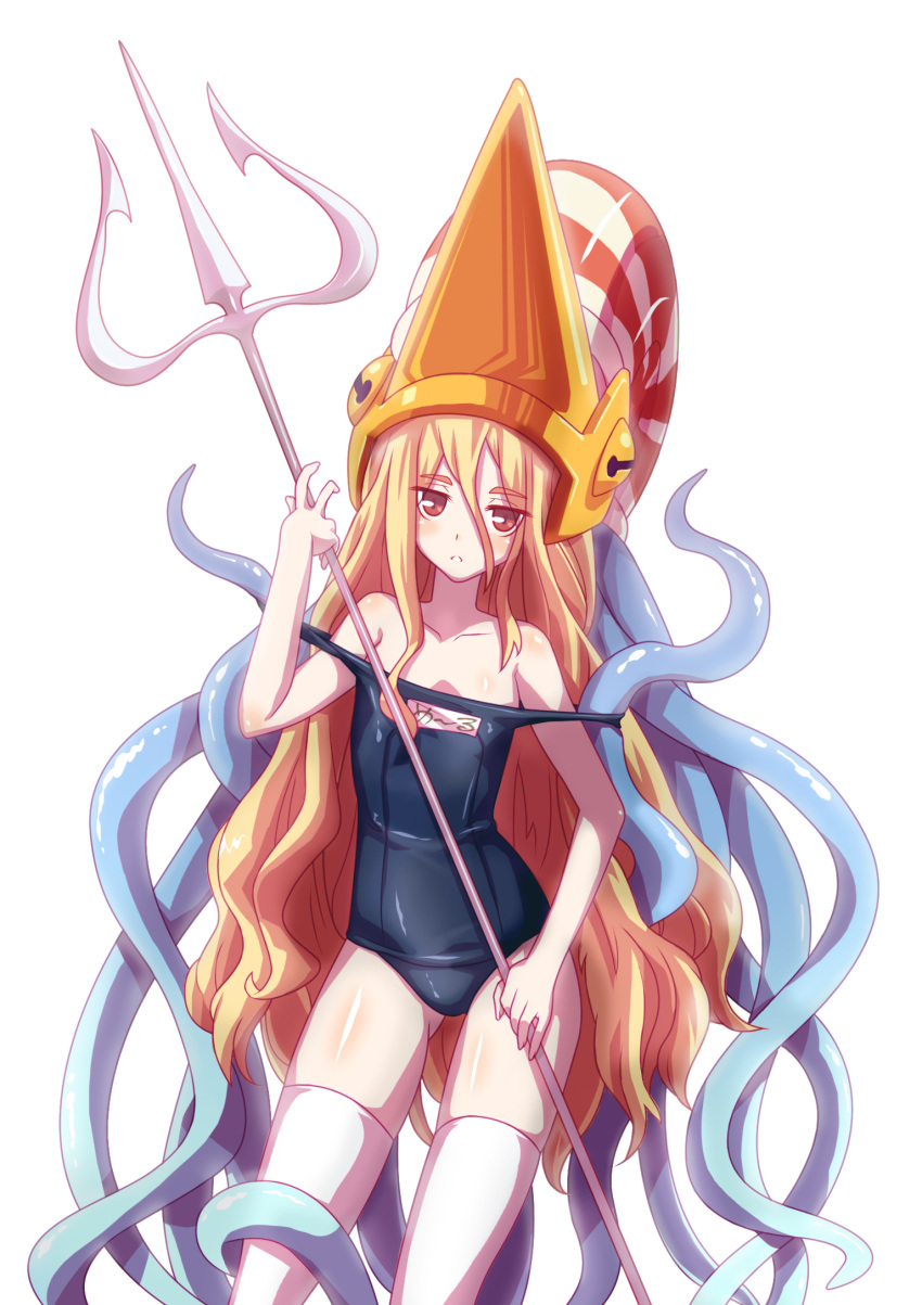 bad_id bad_pixiv_id blonde_hair bobomaster capcom_fighting_jam commentary_request female genderswap_(mtf) helmet highres long_hair midnight_bliss nool one-piece_swimsuit photoshop_(medium) polearm rule_63 school_swimsuit shiny_clothes solo swimsuit tentacle thighhighs trident warzard weapon white_thighhighs