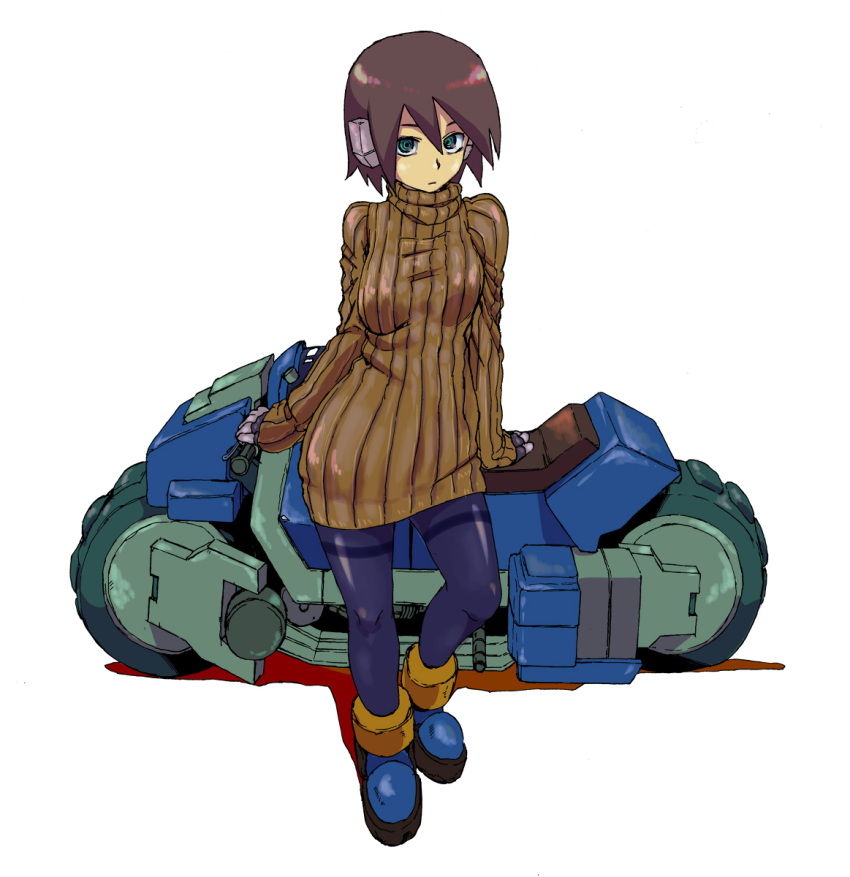 aile_(mega_man_zx) bad_id bad_pixiv_id bodysuit boots breasts brown_hair female gloves green_eyes highres kotoyama medium_breasts mega_man_(series) mega_man_zx motor_vehicle motorcycle pantyhose ribbed_sweater robot_ears short_hair solo sweater