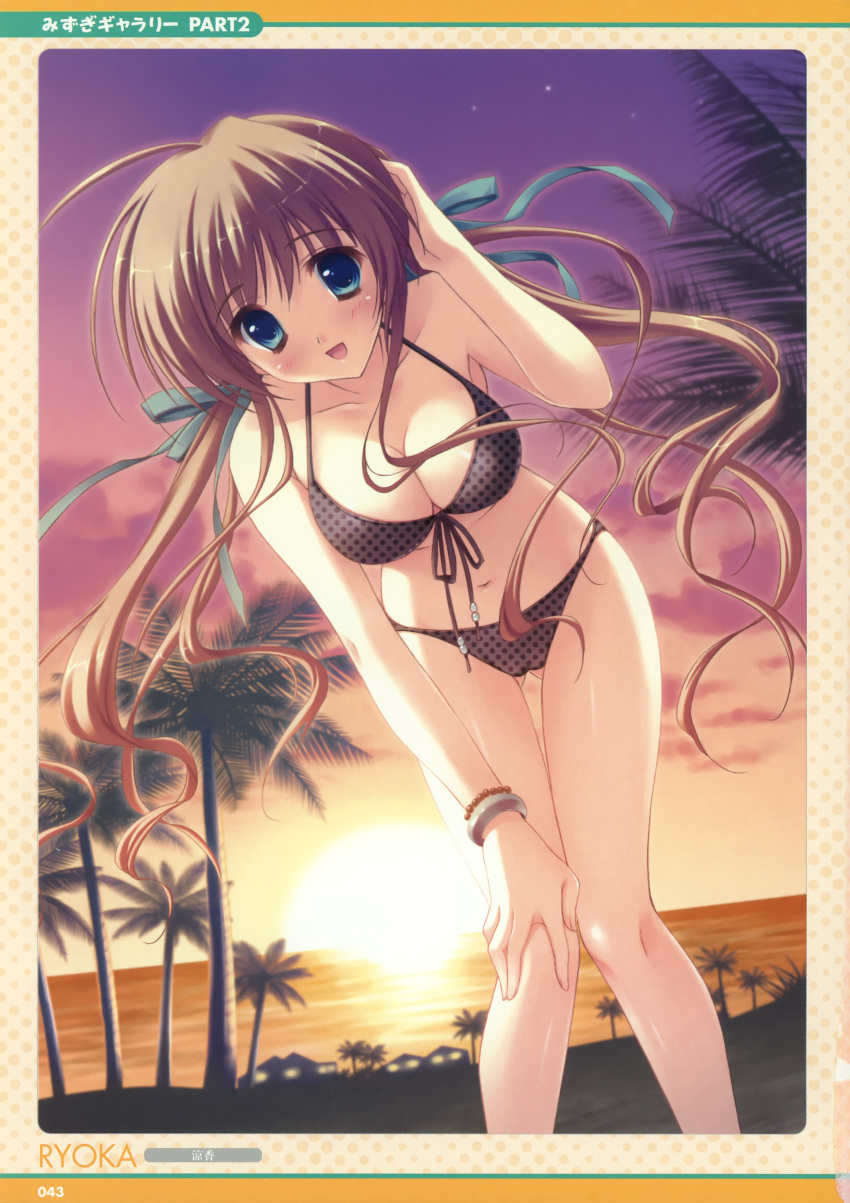 :d absurdres akane-iro_ni_somaru_saka bikini blue_eyes blush bracelet breasts cleavage female front-tie_top hair_ribbon hand_on_knee hand_on_own_knee highres jewelry leaning_forward long_hair nagase_minato navel open_mouth palm_tree polka_dot polka_dot_bikini polka_dot_swimsuit ribbon ryouka_(suzuya) shiny shiny_skin smile sunset swimsuit thigh_gap tree twintails