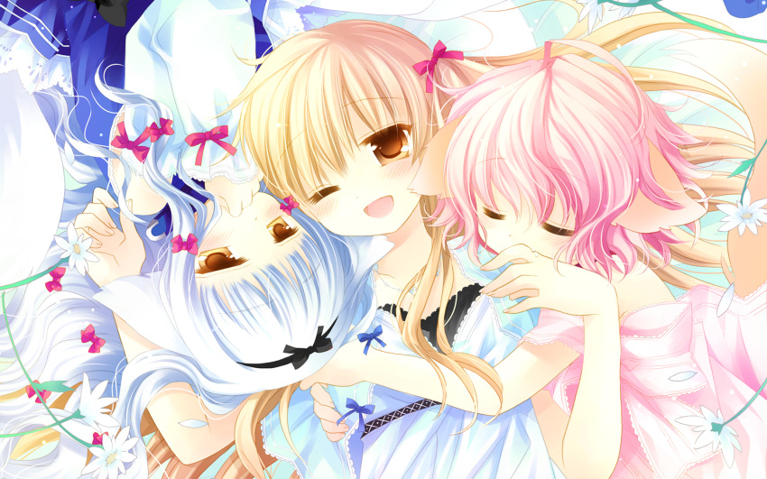 1920x1200 3girls ;d absurdres animal_ears biting dog_ears hair_ribbon highres lily_(wanko) lily_(wanko_to_lily) multiple_girls one_eye_closed open_mouth ribbon sakurazawa_izumi smile tail touko_(wanko_to_lily) wallpaper wanko wanko_(wanko_to_lily) wanko_to_lily wink