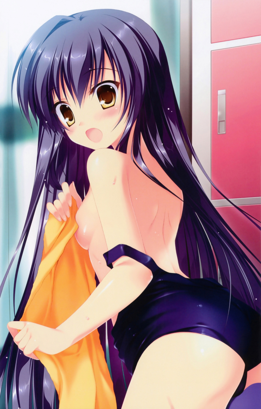 :o absurdres alternate_hairstyle arched_back bare_shoulders blue_hair blush breasts clothes_pull covering_breasts covering_privates da_capo da_capo_iii female fingernails hair_down highres long_fingernails long_hair looking_back medium_breasts one-piece_swimsuit one-piece_swimsuit_pull open_mouth photoshop_(medium) rukawa_sara scan school_swimsuit sideboob solo swimsuit takano_yuki_(allegro_mistic) towel undressing very_long_hair wet yellow_eyes