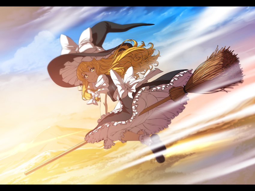 black_hat black_skirt black_vest blonde_hair bloomers bow broom broom_riding commentary_request female flying hair_ribbon hairbow hat hat_bow kirisame_marisa letterboxed long_hair nekomamire photoshop_(medium) ribbon sitting skirt smile solo touhou tress_ribbon underwear vest white_bow witch_hat yellow_eyes