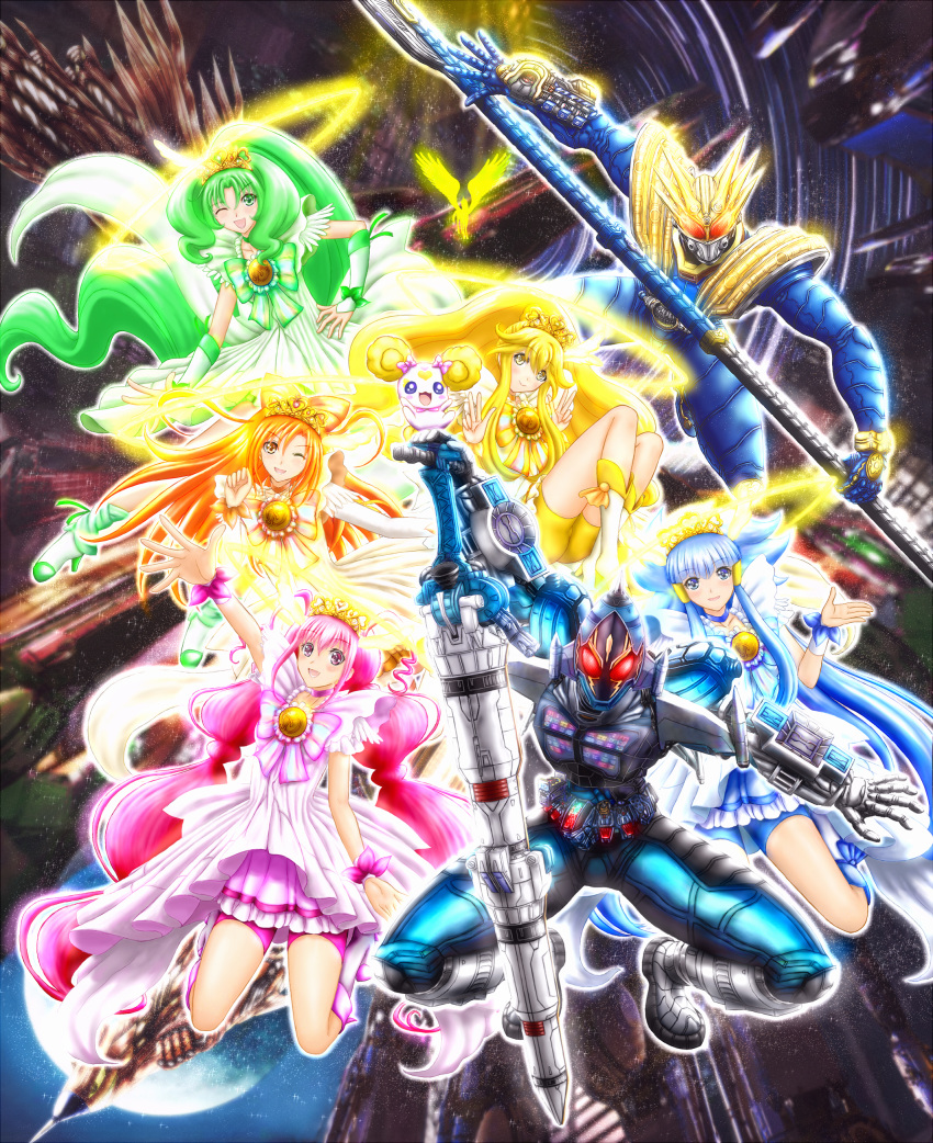 2boys 5girls absurdres aoki_reika baunzel belt bike_shorts blonde_hair blue_eyes blue_hair blue_skirt blush bow bow-shaped_hair broom candy_(smile_precure!) choker commentary_request cure_beauty cure_beauty_(princess_form) cure_happy cure_happy_(princess_form) cure_march cure_march_(princess_form) cure_peace cure_peace_(princess_form) cure_sunny cure_sunny_(princess_form) double_v dress green_choker green_eyes green_hair hair_flaps hair_tubes hairbow halo highres hino_akane_(smile_precure!) hoshizora_miyuki kamen_rider kamen_rider_fourze kamen_rider_fourze_(series) kamen_rider_meteor long_hair mask midorikawa_nao multiple_boys multiple_girls one_eye_closed open_mouth orange_choker orange_dress orange_eyes orange_hair pink_bow pink_choker pink_eyes pink_hair pink_skirt precure shorts skirt smile smile_precure staff sword tiara v weapon wrist_cuffs yayoi_kise yellow_eyes yellow_halo yellow_shorts