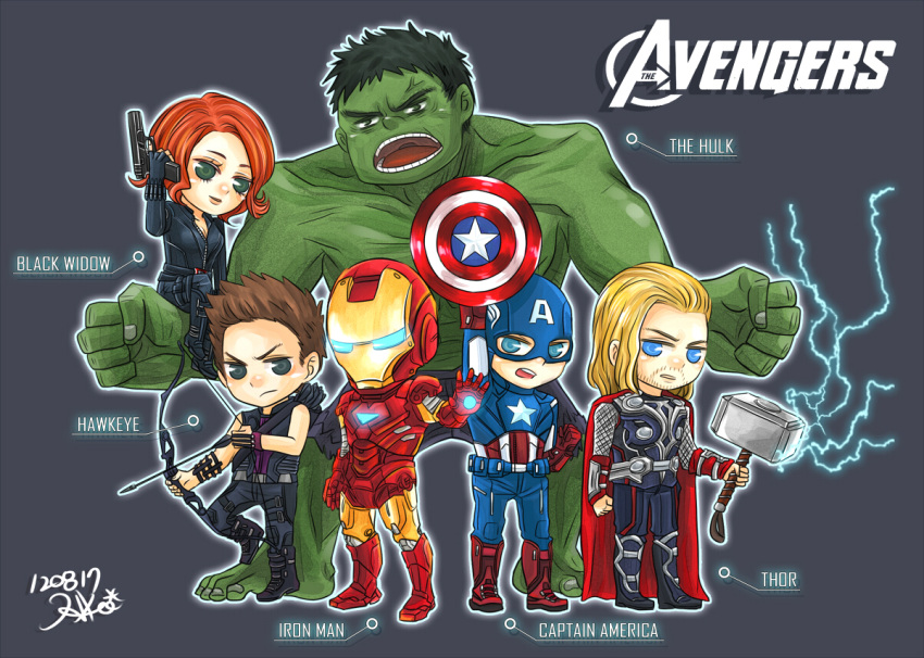 5boys armor arrow avengers black_hair black_widow black_widow_(marvel) blonde_hair boots bow_(weapon) brown_hair cape captain_america character_name chibi clint_barton csesjudy female gloves glowing glowing_eyes green_skin gun hammer hawkeye_(marvel) hulk iron_man marksman marvel mcu multiple_boys natasha_romanoff power_armor quiver red_cape red_hair red_shoes shield shoes sleeveless steve_rogers thor_(marvel) tony_stark weapon