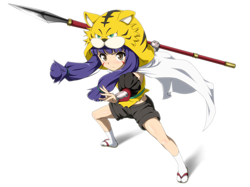 animal_hood black_shorts blue_hair brown_eyes commentary_request duugii facial_mark female fighting_stance highres hood long_hair maeda_inuchiyo oda_nobuna_no_yabou photoshop_(medium) polearm sandals shorts solo spear tiger_hood weapon