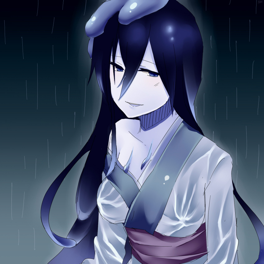 blue_eyes blue_hair female goo_girl highres hyou_haku japanese_clothes kimono mamono_girl_lover monster_girl monster_girl_encyclopedia nureonago rain slime solo water wet wet_clothes