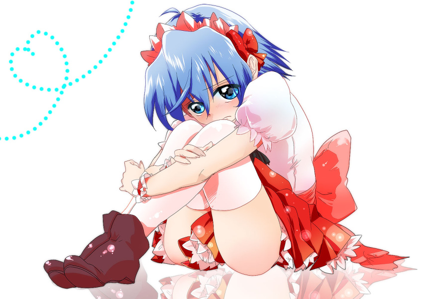 1boy ayasaki_hayate back_bow bad_id bad_pixiv_id blue_eyes blue_hair blush boots bow brown_footwear closed_mouth crossdressing dress embarrassed hair_between_eyes hana_(dkrnn) hayate_no_gotoku! heart hugging_own_legs male_focus otoko_no_ko pink_bow puffy_short_sleeves puffy_sleeves red_bow reflective_floor short_hair short_sleeves solo thighhighs white_background white_thighhighs wrist_cuffs