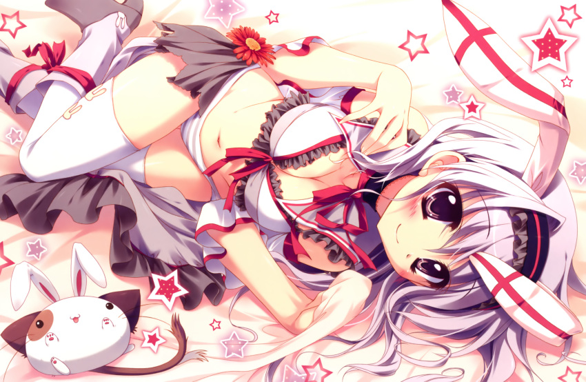 absurdres amaha_miu animal_ears bed_sheet bra breasts cleavage female flower frills hairband highres izumi_tsubasu light_purple_hair lingerie looking_at_viewer lying mashiroiro_symphony medium_breasts on_side pan-nya panties purple_eyes purple_hair rabbit_ears sheet_grab smile solo star_(symbol) striped_clothes striped_panties stuffed_animal stuffed_toy thighhighs underwear white_thighhighs