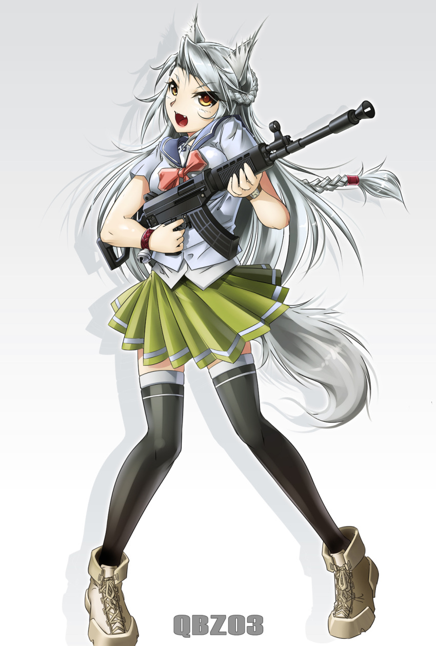 animal_ears assault_rifle bad_id bad_pixiv_id bell boots bracelet braid brown_eyes bzs_(kage_no_shinobu) cat_ears commentary_request fangs female grey_hair gun highres jewelry long_hair open_mouth photoshop_(medium) qbz-03 rifle school_uniform serafuku skirt solo tail thighhighs upotte!! watch weapon wristwatch zettai_ryouiki