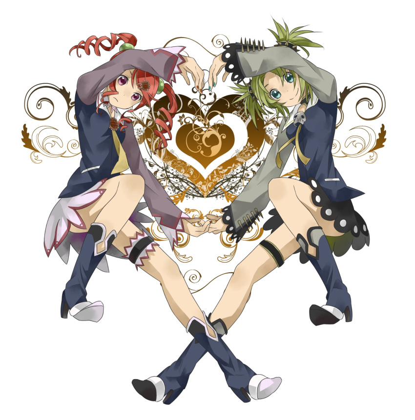 2girls boots commentary_request drill_hair droite_(tales) full_body gauche_(tales) green_eyes green_hair hair_ornament hairclip heart heart_arms heart_arms_duo highres juria0801 legs light_green_hair long_legs multiple_girls necktie purple_eyes red_hair short_hair skirt smile symmetry tales_of_(series) tales_of_vesperia thighs twin_drills twintails