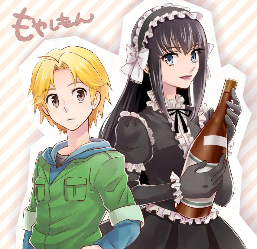 2boys black_hair blonde_hair blue_eyes bottle brown_eyes commentary_request crossdressing dress frills gloves goth_fashion gothic_lolita highres kasasagi_(petarpan) lipstick lolita_fashion long_hair makeup male_focus moyashimon multiple_boys otoko_no_ko sawaki_souemon_tadayasu smile yuuki_kei