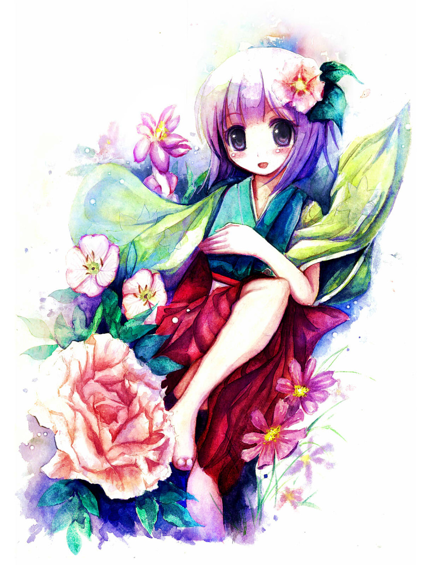 bad_id bad_pixiv_id barefoot blue_kimono blush female flower hair_flower hair_ornament hand_on_own_chest hieda_no_akyuu highres japanese_clothes kimono leg_up looking_at_viewer missile228 open_mouth painting_(medium) purple_eyes purple_hair sash short_hair smile solo touhou traditional_media watercolor_(medium) wide_sleeves