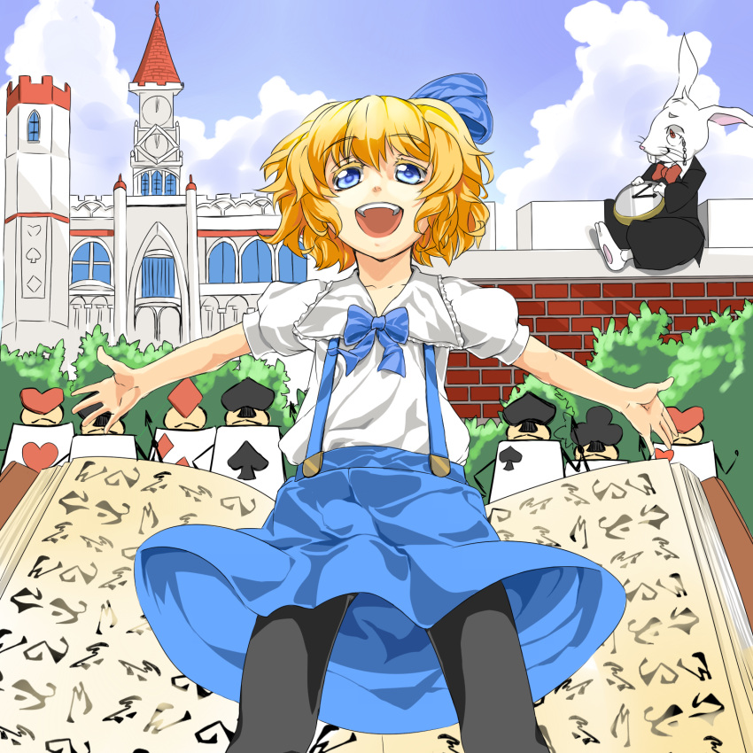 :d album_cover alice_in_wonderland alice_margatroid alice_margatroid_(pc-98) bad_id bad_pixiv_id black_legwear blonde_hair blue_eyes blush book bow card colorful_umbrella cover female hair_ribbon hairband hairbow highres kamo_(yokaze) lance open_mouth outstretched_arms pantyhose parody pocket_watch polearm rabbit ribbon short_hair skirt smile suspenders teeth touhou touhou_(pc-98) watch weapon white_rabbit_(alice_in_wonderland)