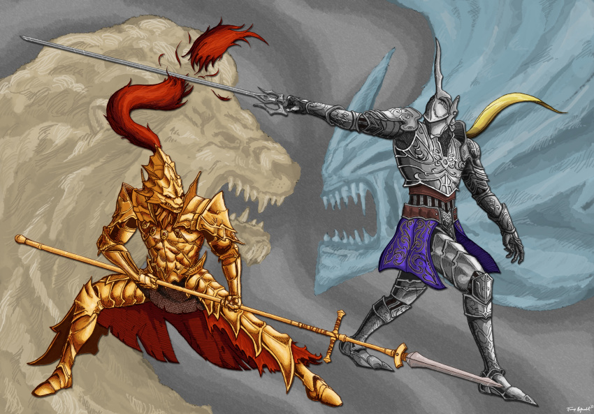 2boys armor battle blonde_hair crossover cutting dark_souls_(series) dark_souls_i demon demon's_souls dragon_slayer_ornstein duel fangs full_armor gauntlets helmet highres horns knight lion long_hair male_focus menaslg monster multiple_boys penetrator_(demon's_souls) photoshop_(medium) plume polearm single_horn spear sword weapon