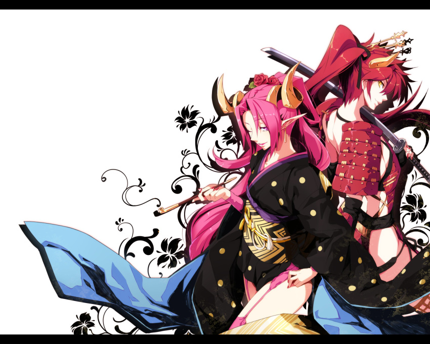 2girls armor belial_(mygrimoire) black_kimono commentary_request curled_horns flower hair_flower hair_ornament hair_stick horns japanese_armor japanese_clothes kimono kote kyousaku letterboxed long_hair long_sleeves multiple_girls mygrimoire obi obiage obijime over_shoulder pink_eyes pink_hair pointy_ears red_flower red_hair red_rose rose sash short_kimono sin_(mygrimoire) smile sword thigh_strap thighhighs weapon wide_sleeves yellow_eyes