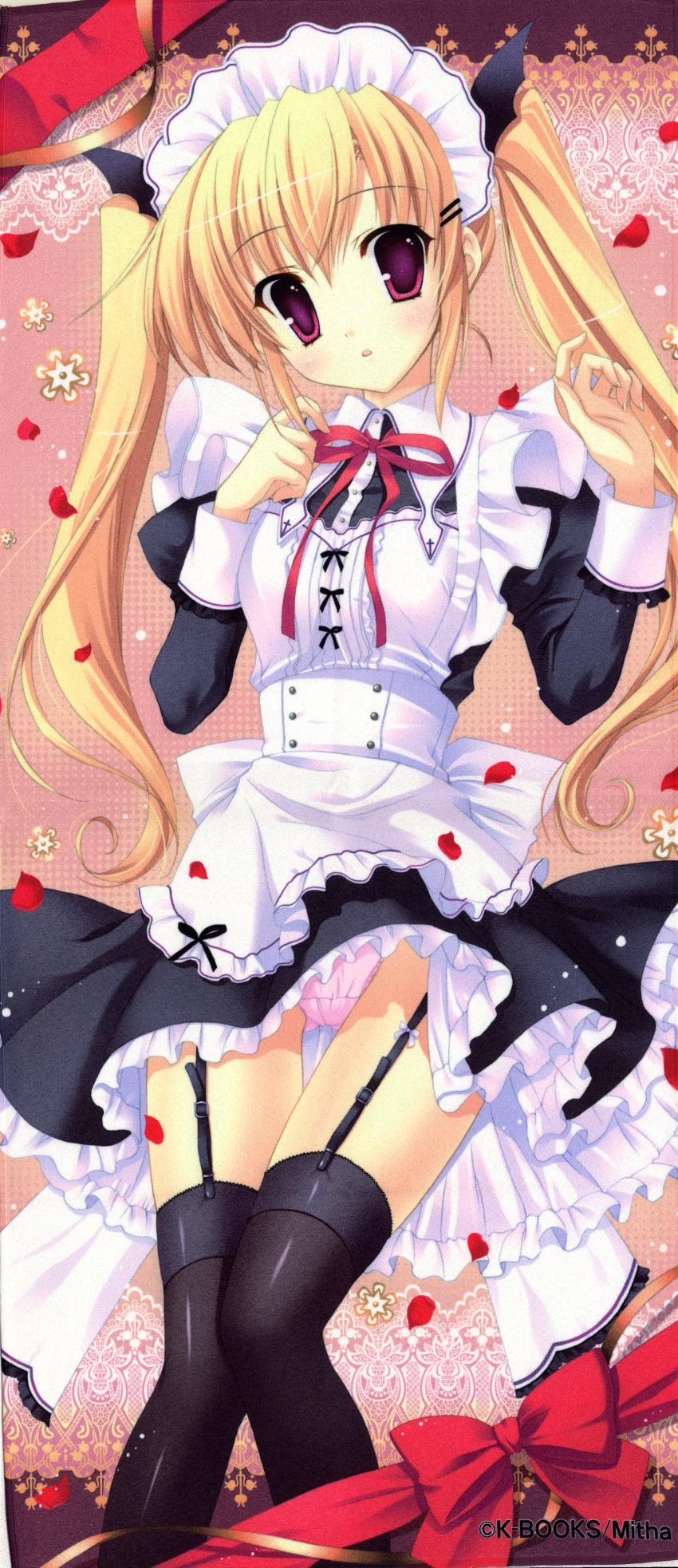 absurdres black_legwear blonde_hair copyright_request dres dress female garter_straps highres maid maid_headdress mitha panties petals pink_panties red_eyes ribbon scan skirt skirt_lift thighhighs twintails underwear upskirt