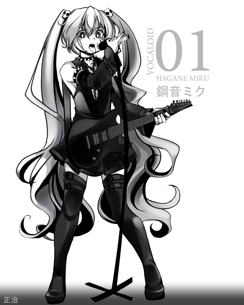 absurdres armlet bad_deviantart_id bad_id bare_shoulders boots braid chain_necklace chains collar detached_sleeves electric_guitar female greyscale guitar hagane_miku hagane_vocaloid hair_ornament hatsune_miku highres ibanez instrument jewelry long_hair microphone microphone_stand monochrome nail_polish necklace shoji-ikari skirt skull_hair_ornament solo spiked_collar spikes thigh_boots thigh_strap thighhighs tongue tongue_out twin_braids very_long_hair vocaloid zettai_ryouiki