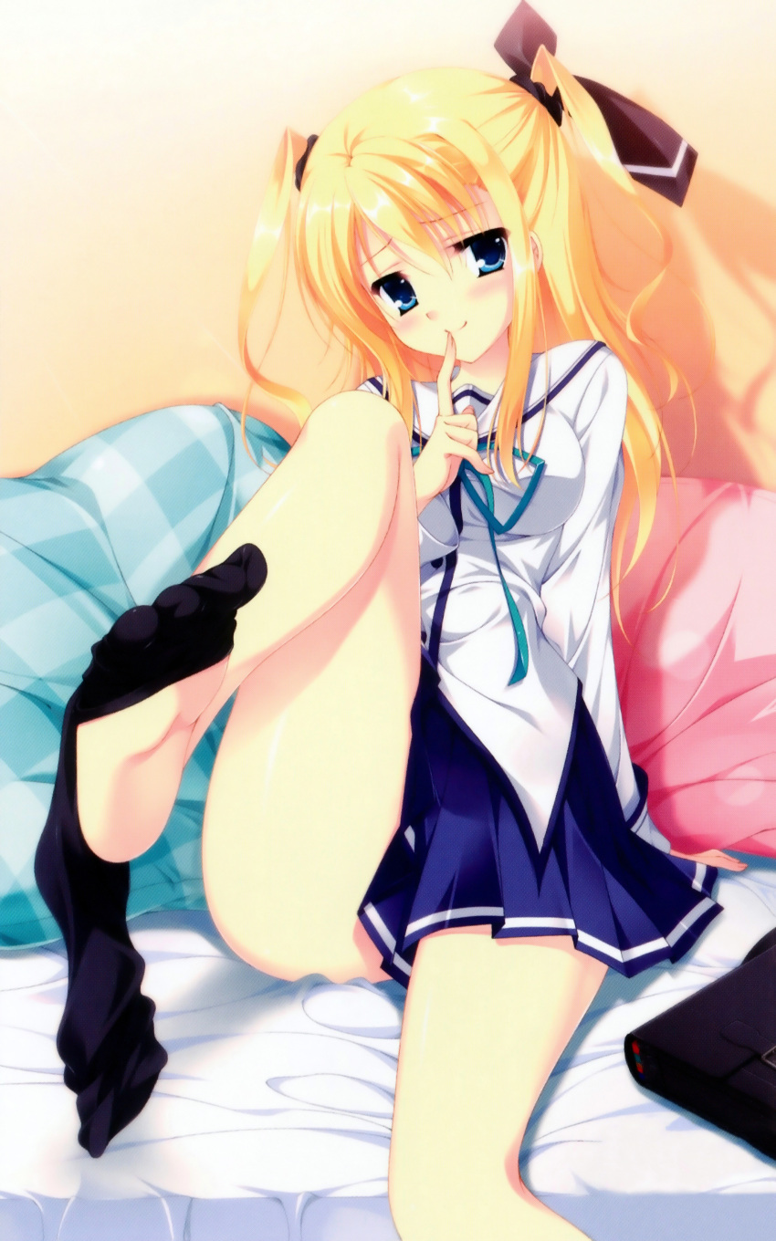 absurdres bag bed black_legwear blonde_hair blue_eyes briefcase da_capo da_capo_iii feet female finger_to_mouth fingernails foreshortening highres kneehighs leg_lift long_fingernails long_hair looking_at_viewer morizono_rikka no_shoes photoshop_(medium) pleated_skirt scan school_bag school_briefcase school_uniform sitting skirt smile sock_dangle socks solo tanihara_natsuki thighhighs toes two_side_up