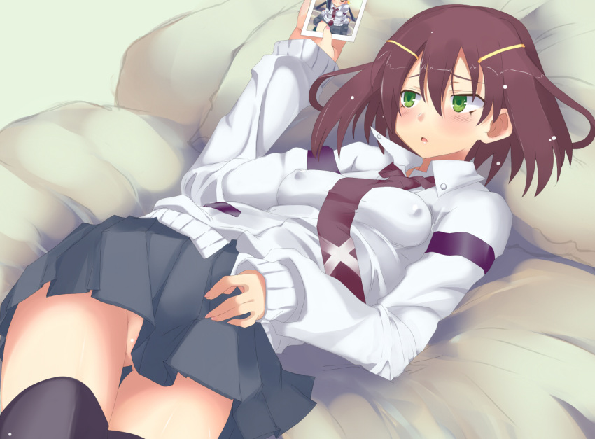 bed blush breasts brown_hair commentary_request covered_nipples female green_eyes hair_ornament hairpin lying medium_breasts nazo_no_murasame_chiaki necktie no_panties on_back on_bed photo_(object) pillow pleated_skirt saki_(manga) saki_achiga-hen school_uniform shindouji_school_uniform shirouzu_mairu short_hair skirt solo tsuruta_himeko