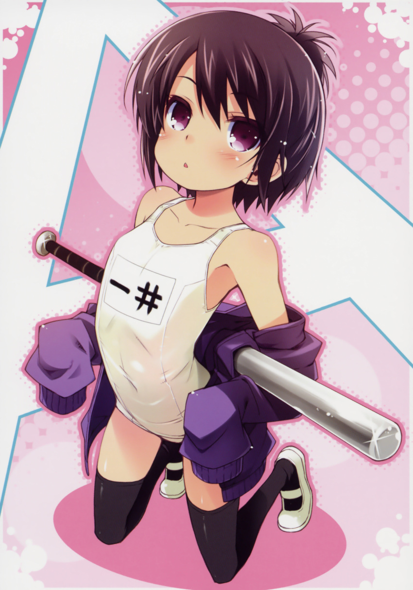 :< a_channel absurdres arched_back bare_shoulders baseball_bat black_hair black_thighhighs female haga_yui halftone highres ichii_tooru jacket kneeling off_shoulder old_school_swimsuit one-piece_swimsuit parted_lips photoshop_(medium) purple_eyes scan school_swimsuit shoes short_hair sleeves_past_wrists solo swimsuit thighhighs uwabaki white_one-piece_swimsuit