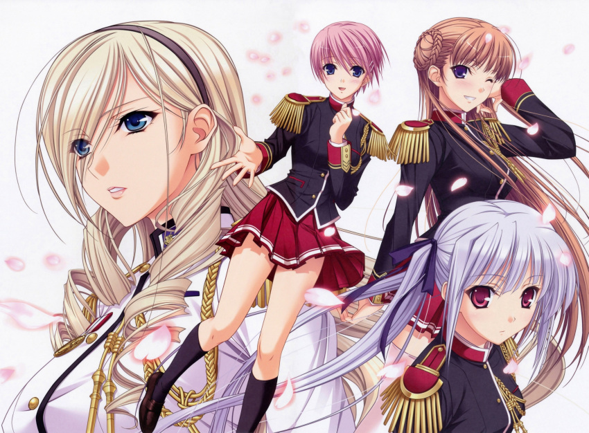 4girls absurdres blonde_hair blue_eyes celia_cumani_aintree celia_kumani_entory drill_hair epaulettes hair_ornament hair_ribbon hairband hairclip highres kisaki_mio komori_kei lisa_eostre long_hair multiple_girls noel_maresse_ascot noel_marres_ascot open_mouth outstretched_arm petals pink_hair purple_eyes red_eyes ribbon ricotta risa_eostole school_uniform seifuku short_hair skirt twintails walkure_romanze wink