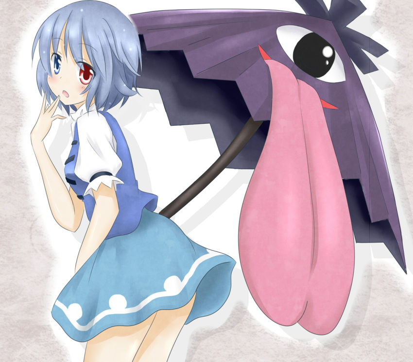 back blue_eyes blue_hair blush commentary_request female hachimi heterochromia karakasa_obake open_mouth purple_umbrella red_eyes short_hair skirt smile solo tatara_kogasa tongue touhou umbrella vest