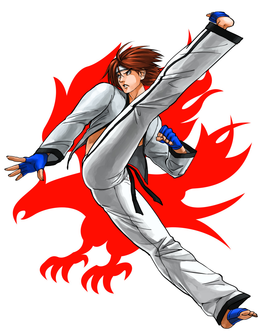 1boy absurdres commentary_request dobok emblem fingerless_gloves food_fighter_441 gloves headband heel_drop highres hwoarang_(tekken) kicking male_focus photoshop_(medium) red_hair solo taekwondo tekken toeless_legwear