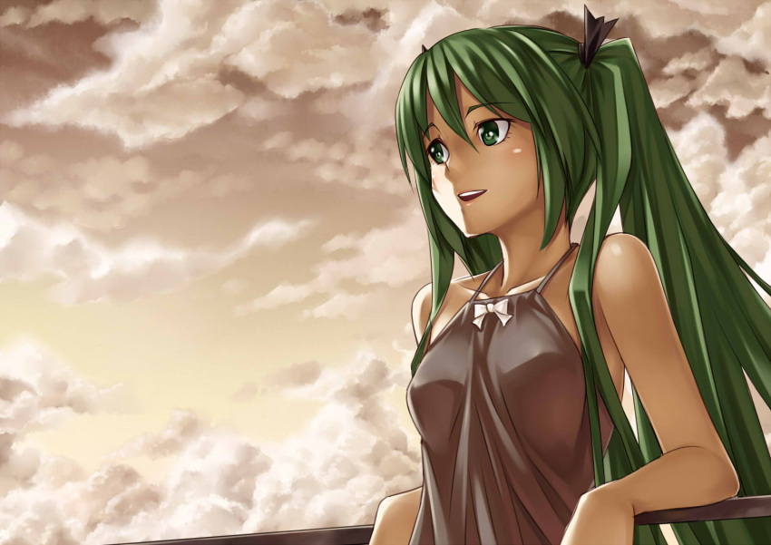 arm_support bare_shoulders cloud commentary_request female green_eyes green_hair h_kasei halterneck hatsune_miku highres leaning_back long_hair smile solo twintails vocaloid