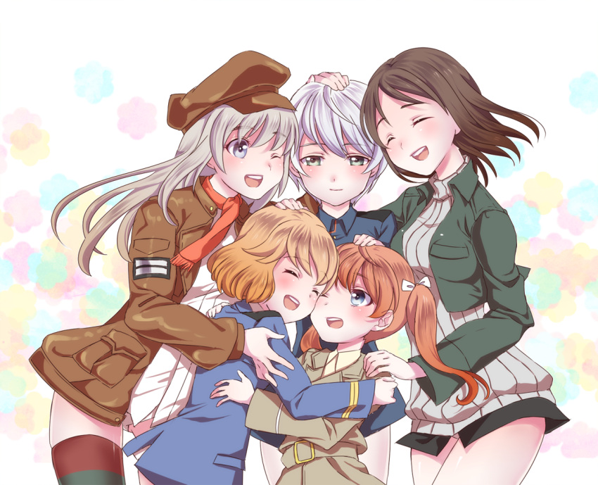 5girls amelie_planchard blue_eyes brown_hair closed_eyes commentary_request cropped_jacket francie_gerard green_eyes grey_hair hair_ribbon hand_on_head hat hug isle_of_wight_detachment_group kadomaru_misa laura_toth military military_uniform multiple_girls no_pants one_eye_closed open_mouth orange_hair panties ribbed_sweater ribbon smile strike_witches:_katayoku_no_majo-tachi striped_clothes striped_thighhighs sweater thighhighs totonii_(totogoya) twintails underwear uniform wilma_bishop world_witches_series