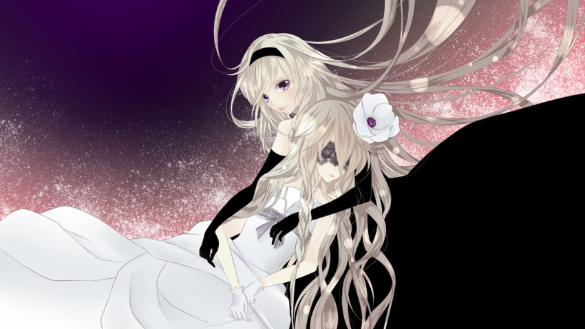 1hayu 2girls bad_id bad_pixiv_id black_dress black_vs_white blonde_hair braid covered_eyes dress dual_persona elbow_gloves flower gloves gown hair_flower hair_ornament hairband holding ia_(vocaloid) lace long_hair multiple_girls purple_eyes single_braid time_paradox twin_braids vocaloid white_dress