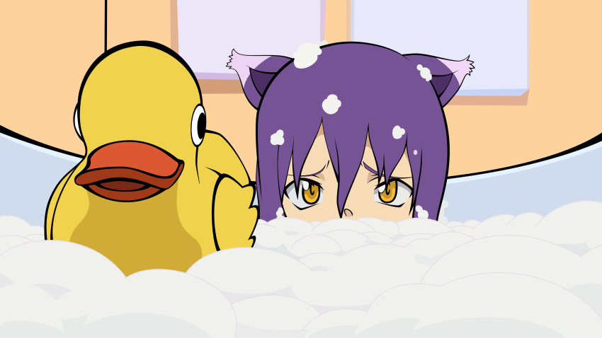 absurdres animal_ears artist_request bath blair_(soul_eater) bubble_bath cat_ears female highres purple_hair rubber_duck solo soul_eater yellow_eyes