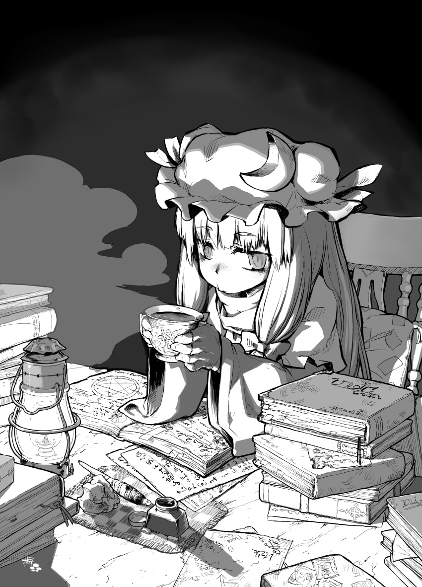 absurdres blowing book bow chair cold commentary_request crescent cup dark desk female fingerless_gloves gloves greyscale hairbow hat highres inkwell lantern long_hair long_sleeves magic_circle monochrome paper patchouli_knowledge pen robe sitting solo steam table tea teacup touhou ume_(noraneko) upper_body wide_sleeves