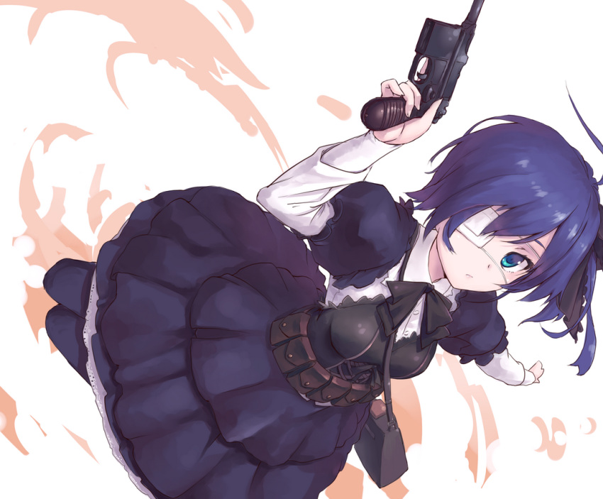 aqua_eyes bag belt black_pantyhose blue_hair chuunibyou_demo_koi_ga_shitai! commentary_request dress dutch_angle eyepatch fangdan_runiu female gun hair_ribbon handbag handgun mauser_c96 medical_eyepatch outstretched_arms pantyhose pouch ribbon short_hair solo spread_arms takanashi_rikka weapon