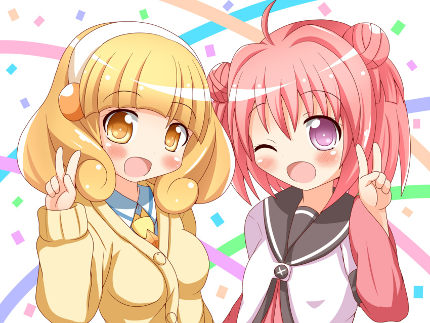 2girls ahoge akaza_akari blonde_hair blush commentary_request crossover double_bun hair_bun hairband multiple_girls nanamori_school_uniform one_eye_closed open_mouth precure purple_eyes school_uniform season_connection serafuku short_hair single_hair_bun smile smile_precure v xenon_(for_achieve) yayoi_kise yellow_eyes yuru_yuri