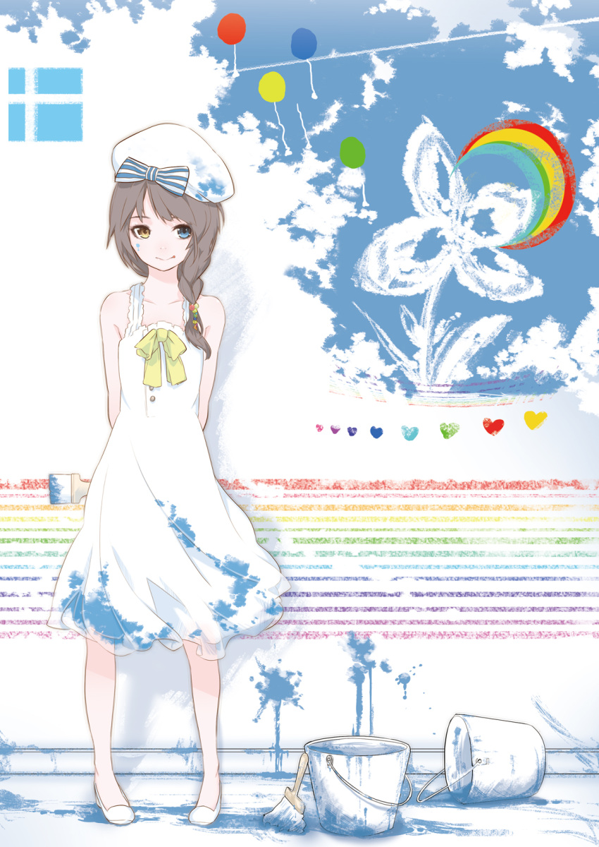 arms_behind_back balloon braid collarbone colorful commentary_request crescent dress female grey_hair hair_over_shoulder hat hat_ribbon heterochromia highres original paint paint_can paintbrush ribbon single_braid solo standing tokiti trim_brush