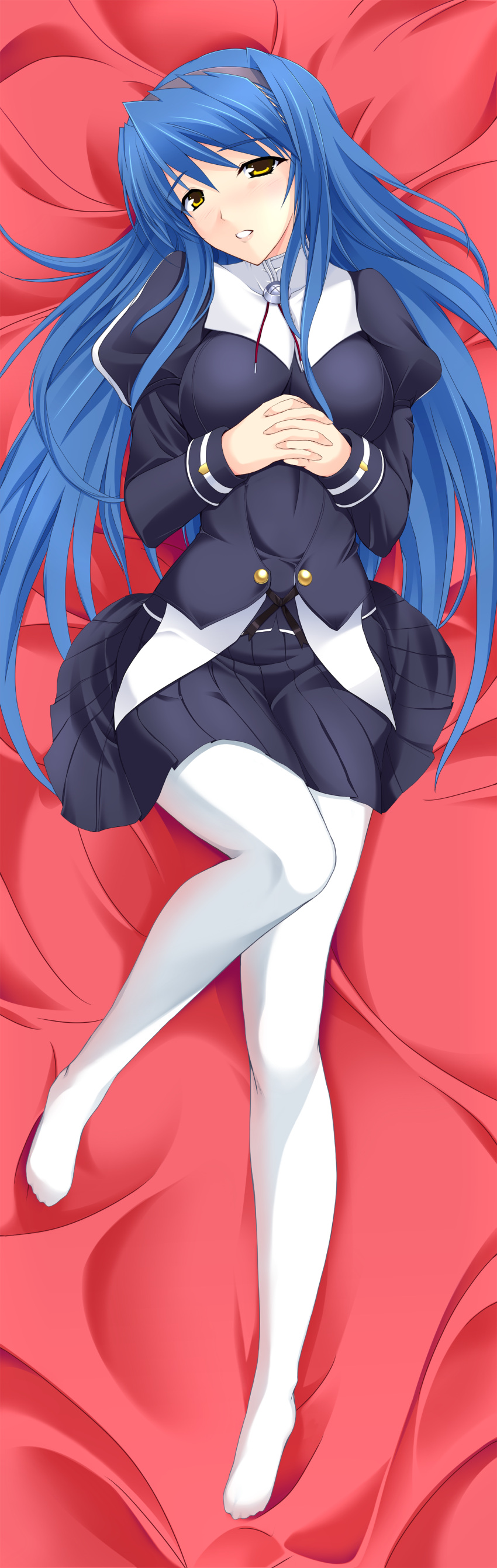 absurdres blue_hair dakimakura_(medium) female full_body hands_on_own_chest highres lying nun onigirikun pantyhose pastel_chime pastel_chime_continue saika_s._falnese solo white_pantyhose yellow_eyes