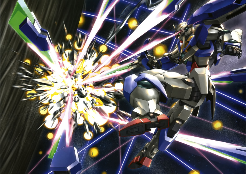 00_qan[t] battle els explosion gundam gundam_00 gundam_00_a_wakening_of_the_trailblazer highres mecha no_humans official_art robot weapon