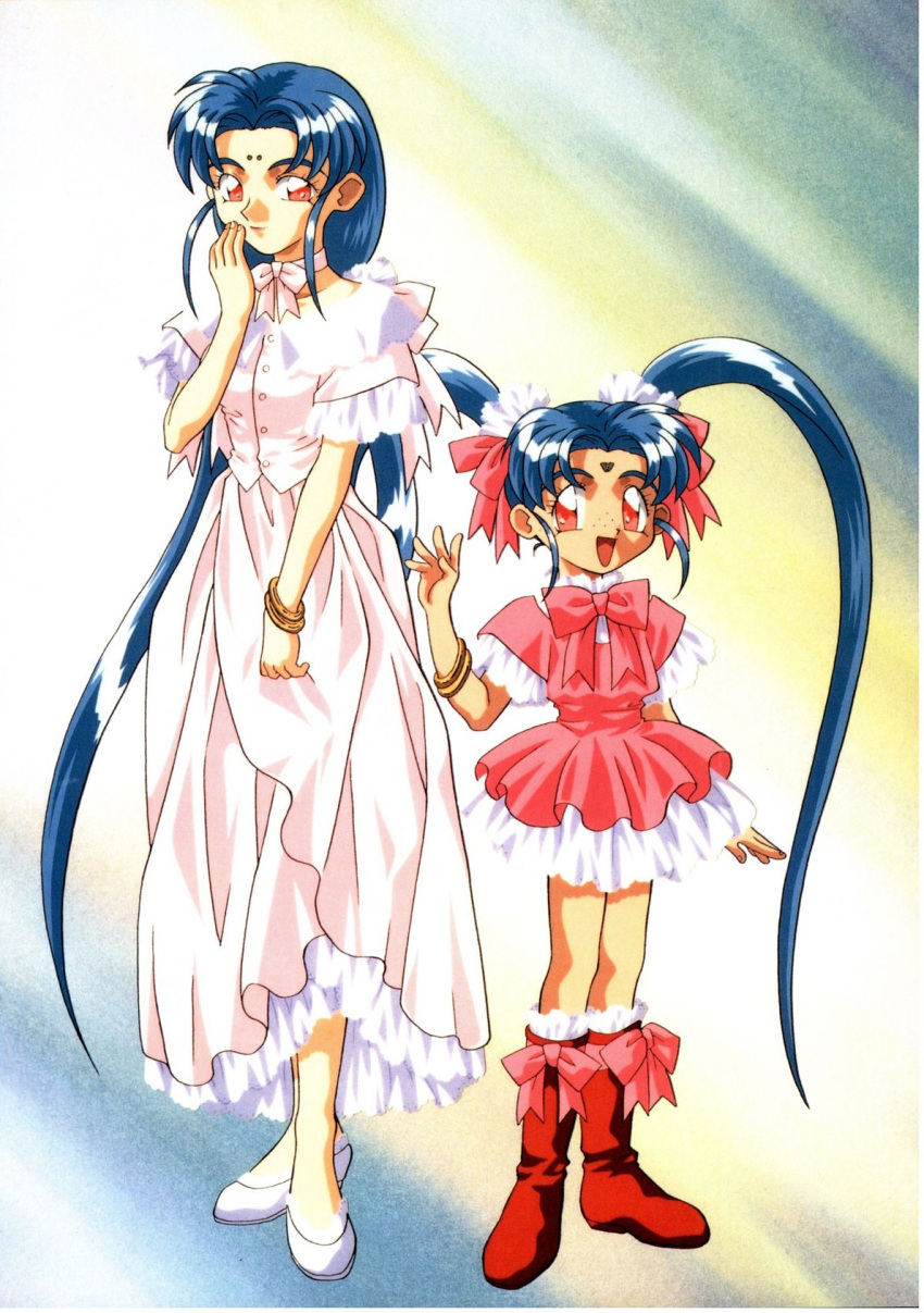 2girls :d aqua_hair artist_request blue_hair boots bow bowtie bracelet dress facial_mark forehead_mark freckles full_body hand_to_own_mouth highres jewelry layered_dress long_hair looking_at_viewer masaki_sasami_jurai multiple_girls open_mouth pink_bow pink_bowtie pink_dress red_eyes sidelocks smile standing tenchi_muyou! tsunami_(tenchi_muyou!) twintails very_long_hair