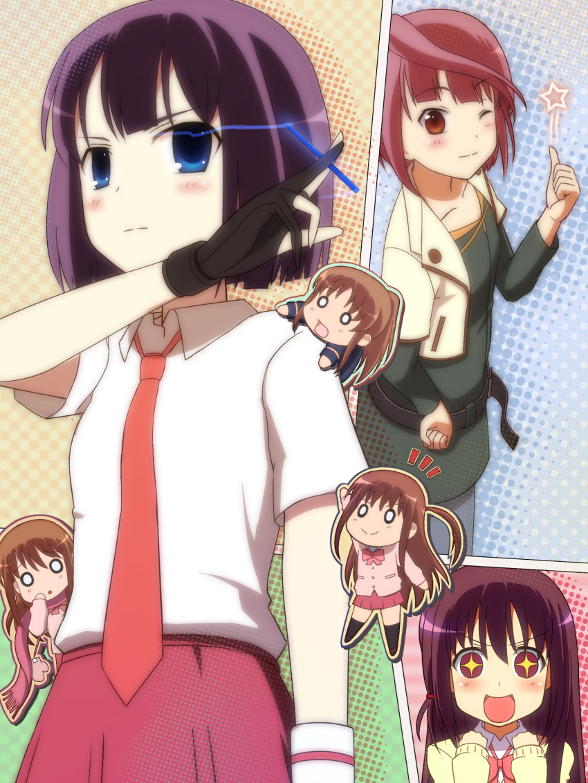 +_+ 6+girls :d achiga_school_uniform akado_harue atarashi_ako blue_eyes brown_hair chibi commentary_request highres matsumi_kuro matsumi_yuu mittens multiple_girls o_o one_eye_closed open_mouth photoshop_(medium) ponytail purple_hair red_eyes red_hair sagimori_arata saki_(manga) saki_achiga-hen scarf school_uniform smile star-shaped_pupils star_(symbol) symbol-shaped_pupils takakamo_shizuno thumbs_up yozo_(yozo2000)